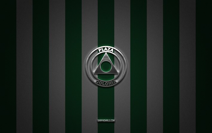 Plaza Colonia logo, Uruguay football club, Uruguay Primera Division, green white carbon background, Plaza Colonia emblem, football, Plaza Colonia, Uruguay, Plaza Colonia silver metal logo
