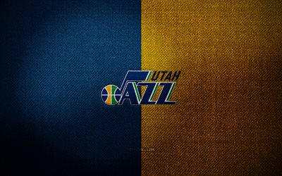 Utah Jazz badge, 4k, blue yellow fabric background, NBA, Utah Jazz logo, Utah Jazz emblem, basketball, sports logo, Utah Jazz flag, american basketball team, Utah Jazz