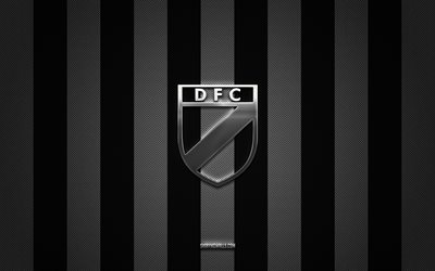 logotipo de danubio fc, club de fútbol de uruguay, primera división de uruguay, fondo de carbono blanco negro, emblema de danubio fc, fútbol, ​​danubio fc, uruguay, logotipo de metal plateado de danubio fc