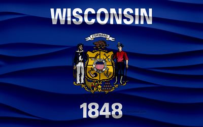 4k, Flag of Wisconsin, 3d waves plaster background, Wisconsin flag, 3d waves texture, American national symbols, Day of Wisconsin, American states, 3d Wisconsin flag, Wisconsin, USA