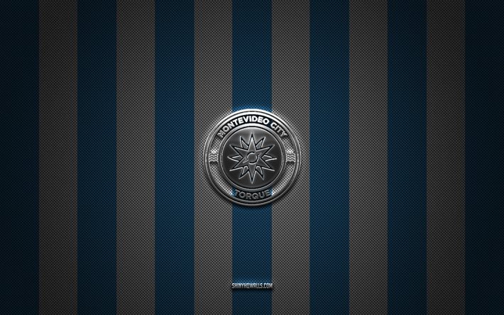 شعار montevideo city torque, نادي أوروغواي لكرة القدم, دوري الدرجة الأولى الأوروغواي, خلفية الكربون الأبيض الأزرق, كرة القدم, مدينة مونتيفيديو عزم الدوران, أوروغواي, شعار montevideo city torque المعدني الفضي