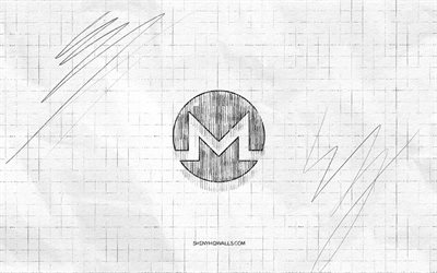 monero sketchロゴ, 4k, 市松模様の紙の背景, モネロブラックロゴ, 暗号通貨, ロゴスケッチ, moneroロゴ, 鉛筆の描画, モネロ