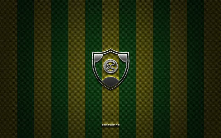 CS Cerrito logo, Uruguay football club, Uruguay Primera Division, blue yellow green background, CS Cerrito emblem, football, CS Cerrito, Uruguay, CS Cerrito silver metal logo
