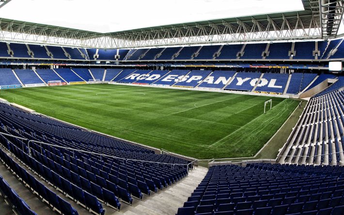 rcde stadyumu, 4k, iç görünüm, futbol sahası, estadi cornella-el prat, barcelona, ​​catalonia, ispanya, rcd espanyol, uefa şampiyonlar ligi