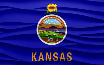 4k, Flag of Kansas, 3d waves plaster background, Kansas flag, 3d waves texture, American national symbols, Day of Kansas, American states, 3d Kansas flag, Kansas, USA