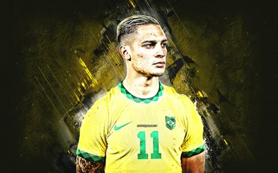 antony, porträt, brasilianische fußballnationalmannschaft, gelber steinhintergrund, brasilien, fußball, antony matheus dos santos