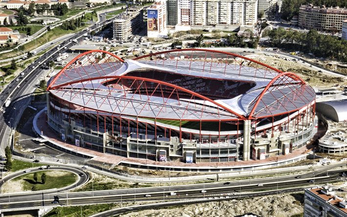 4k, estádio do sport lisboa e benfica, exterior, estádio da luz, vista aérea, português estádio de futebol, sl benfica estádio, lisboa, portugal, sl benfica