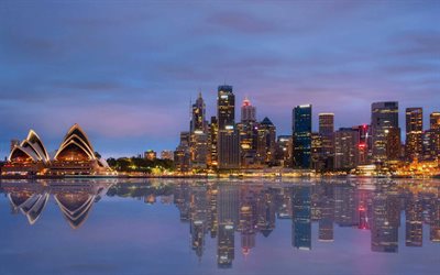 4k, Sydney Opera House, skyline cityscape, australian attraction, Sydney landmarks, evening, theater, Sydney cityscape, australian cities, Sydney, Australia, Sydney panorama