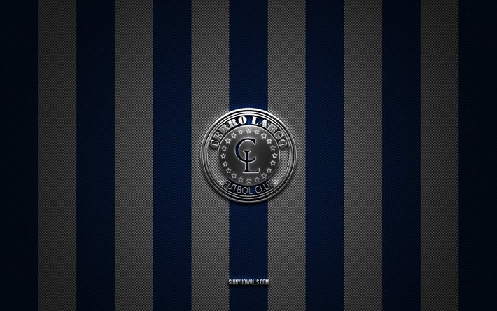logotipo de cerro largo, club de fútbol de uruguay, primera división de uruguay, fondo de carbono blanco azul, emblema de cerro largo, fútbol, ​​cerro largo, uruguay, logotipo de metal plateado de cerro largo