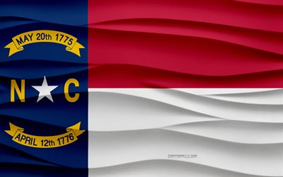 4k, Flag of North Carolina, 3d waves plaster background, North Carolina flag, 3d waves texture, American national symbols, Day of North Carolina, American states, 3d North Carolina flag, North Carolina, USA