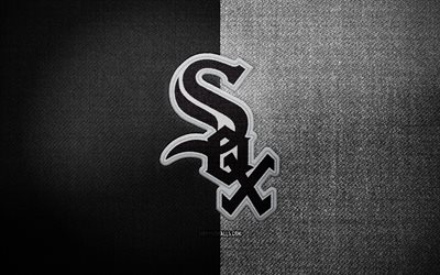distintivo dei chicago white sox, 4k, sfondo in tessuto bianco nero, mlb, logo dei chicago white sox, emblema dei chicago white sox, baseball, logo sportivo, bandiera dei chicago white sox, chicago white sox
