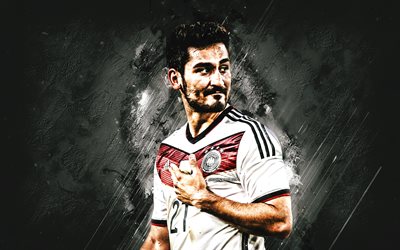 ilkay gundogan, alemanha seleção nacional de futebol, alemão meio-campista de futebol, retrato, pedra branca de fundo, alemanha, futebol