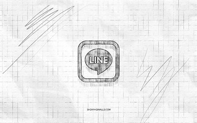 LINE sketch logo, 4K, checkered paper background, LINE black logo, social networks, logo sketches, LINE logo, pencil drawing, LINE