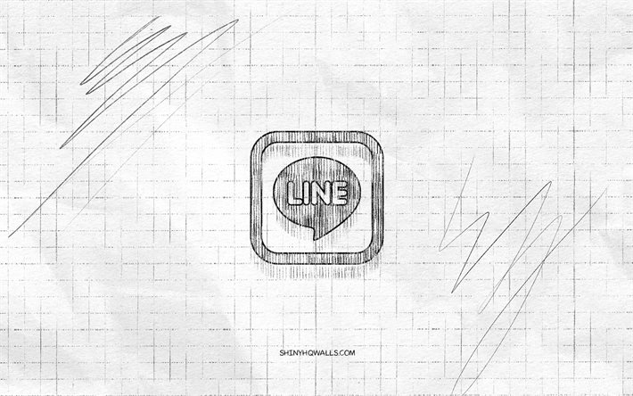 line-skizzenlogo, 4k, karierter papierhintergrund, schwarzes line-logo, soziale netzwerke, logoskizzen, line-logo, bleistiftzeichnung, line