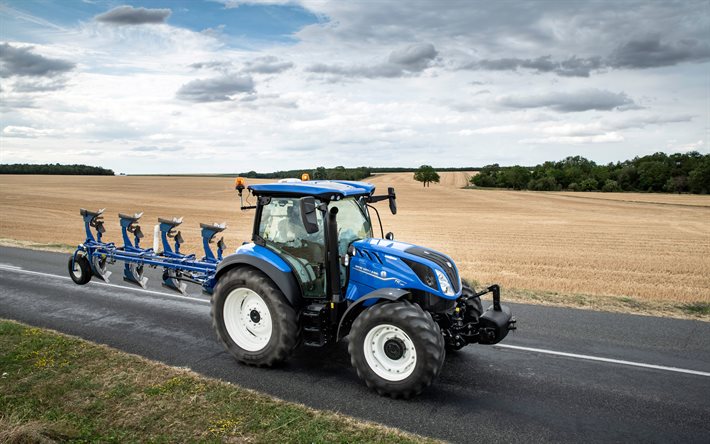 4k, new holland t5-140 auto command, yol, 2022 traktör, pulluk, mavi traktör, new holland t5, tarım kavramları, new holland tarım