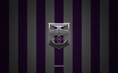 Defensor Sporting logo, Uruguay football club, Uruguay Primera Division, purple and white carbon background, Defensor Sporting emblem, football, Defensor Sporting, Uruguay, Defensor Sporting silver metal logo