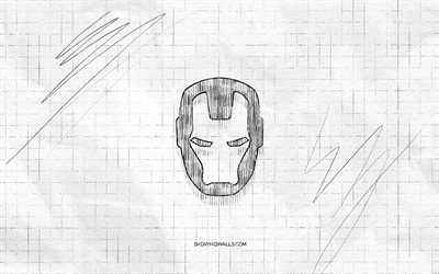 iron man-skizzenlogo, 4k, karierter papierhintergrund, schwarzes iron man-logo, superhelden, logoskizzen, iron man-logo, bleistiftzeichnung, iron man