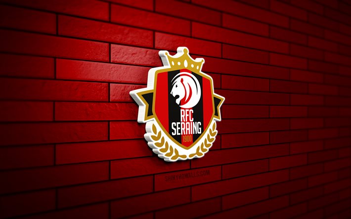rfc seraing 3d-logo, 4k, rote ziegelwand, jupiler pro league, fußball, belgischer fußballverein, rfc seraing-logo, rfc seraing-emblem, rfc seraing, sportlogo, seraing fc