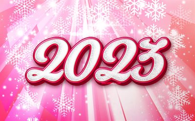 2023년 새해 복 많이 받으세요, 쉿, 분홍색 3d 숫자, 창의적인, 2023년 컨셉, 2023 3d 숫자, 분홍색 눈송이 배경, 2023 핑크 배경, 2023년, 2023년 겨울 컨셉