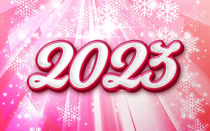 2023 Happy New Year, 4k, pink 3D digits, creative, 2023 concepts, 2023 3D digits, Happy New Year 2023, pink snowflakes background, 2023 pink background, 2023 year, 2023 winter concepts