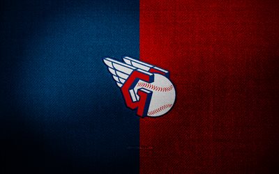 Cleveland Guardians badge, 4k, red blue fabric background, MLB, Cleveland Guardians logo, Cleveland Guardians emblem, baseball, sports logo, Cleveland Guardians flag, Cleveland Guardians