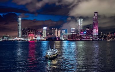 hong kong, gece, metropol, havadan görünüm, gökdelenler, modern binalar, uluslararası ticaret merkezi, west kowloon, iş merkezleri, hong kong manzarası