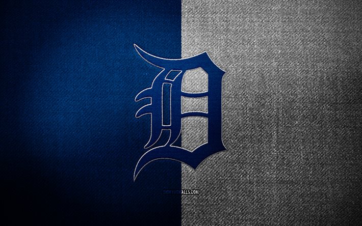 Detroit Tigers badge, 4k, blue white fabric background, MLB, Detroit Tigers logo, baseball, sports logo, Detroit Tigers flag, american baseball team, Detroit Tigers