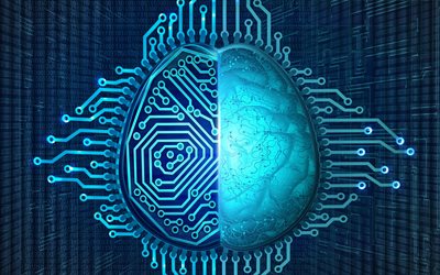 4k, intelligenza artificiale, cervello 3d blu, sfondo tecnologico blu, sfondo del cervello blu, intelletto, sfondo digitale blu