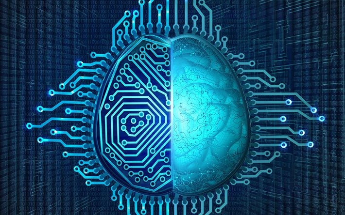4k, artificial intelligence, blue 3d brain, blue technology background, blue brain background, intellect, blue digital background
