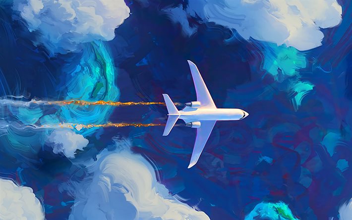 flying plane, artwork, painted plane, clouds, airplane, aircraft, civil aviation, air travel, aviation, start-up concepts, start-up