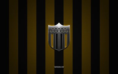 Club Atletico Penarol logo, Uruguay football club, Uruguay Primera Division, yellow black carbon background, Club Atletico Penarol emblem, football, Club Atletico Penarol, Uruguay, Club Atletico Penarol silver metal logo