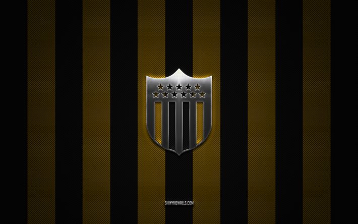 logotipo del club atlético peñarol, club de fútbol de uruguay, primera división de uruguay, fondo de carbón negro amarillo, emblema del club atlético peñarol, fútbol, ​​club atlético peñarol, uruguay, logotipo de metal plateado del club atlético peñarol