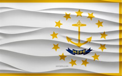 4k, Flag of Rhode island, 3d waves plaster background, Rhode island flag, 3d waves texture, American national symbols, Day of Rhode island, American states, 3d Rhode island flag, Rhode island, USA
