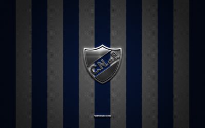 logo du club nacional de football, club de football uruguayen, uruguay primera division, fond bleu carbone blanc, emblème du club nacional de football, football, club nacional de football, uruguay, logo en métal argenté du club nacional de football