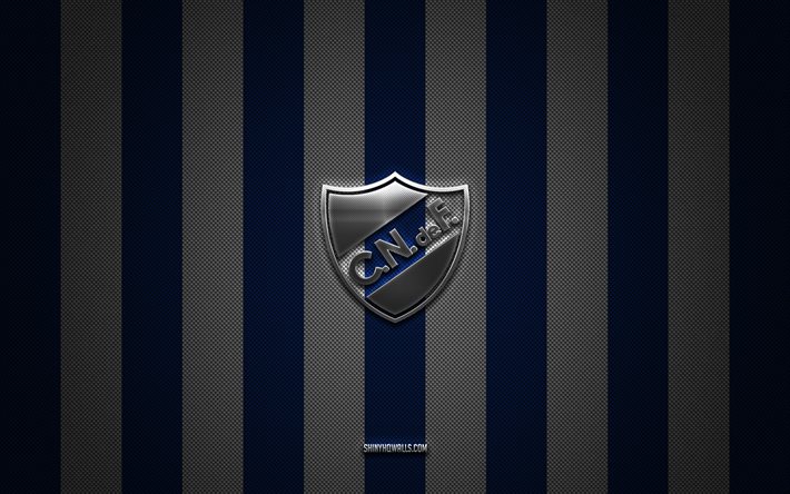 logotipo del club nacional de fútbol, ​​club de fútbol de uruguay, primera división de uruguay, fondo de carbón blanco azul, emblema del club nacional de fútbol, ​​fútbol, ​​club nacional de fútbol, ​​uruguay, logotipo de metal plateado del club nacional de fútbol