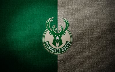 Milwaukee Bucks badge, 4k, green brown fabric background, NBA, Milwaukee Bucks logo, Milwaukee Bucks emblem, basketball, sports logo, Milwaukee Bucks flag, american basketball team, Milwaukee Bucks