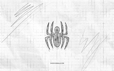 spider-man-skizzenlogo, 4k, karierter papierhintergrund, schwarzes spider-man-logo, superhelden, logo-skizzen, spider-man-logo, bleistiftzeichnung, spider-man