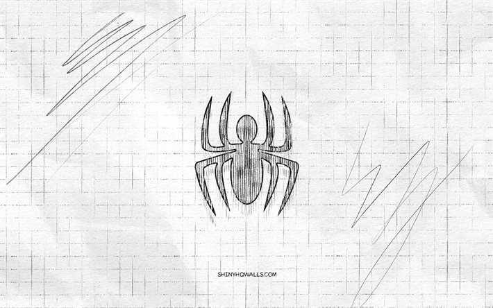 spider-man sketch logo, 4k, papel quadriculado de fundo, spider-man black logo, super-heróis, esboços de logotipos, spider-man logo, desenho a lápis, spider-man