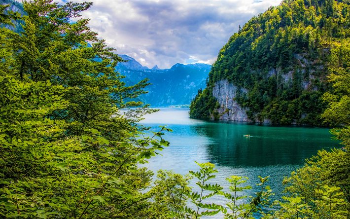 Lake Koenigssee, summer, mountains, forest, german landmarks, Bavaria, Alps, Germany, Konigssee, Europe, summer vacation, beautiful nature