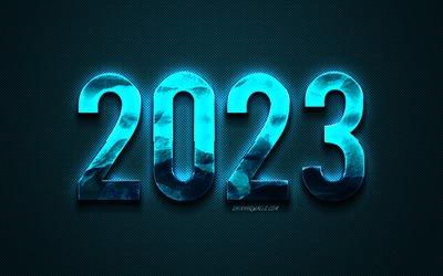2023 Happy New Year, 4k, blue 2023 background, 3d metal, 2023 background, 2023 concepts, Happy New Year 2023, blue metal letters, 2023 greeting card
