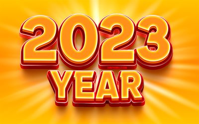 4k, 2023 concepts, Happy New Year, yellow abstract background, yellow 3D digits, 2023 Happy New Year, 3D art, creative, 2023 yellow background, 2023 year, 2023 3D digits