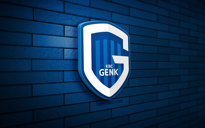 logo krc genk 3d, 4k, muro di mattoni blu, jupiler pro league, calcio, squadra di calcio belga, logo krc genk, emblema krc genk, krc genk, logo sportivo, genk fc