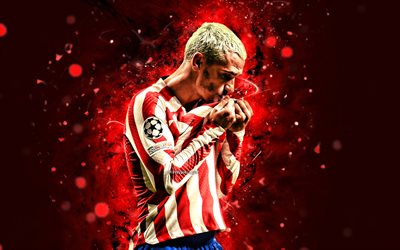 4k, Antoine Griezmann, goal, red neon lights, Atletico Madrid FC, LaLiga, football, french footballers, 2022, soccer, Antoine Griezmann 4K, La Liga, Antoine Griezmann Atletico Madrid