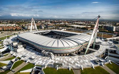 4k, el estadio de la juventus, vista desde arriba, vista aérea, el estadio allianz, el estadio de fútbol italiano, la serie a, italia, turín, los estadios de la serie a, la juventus fc