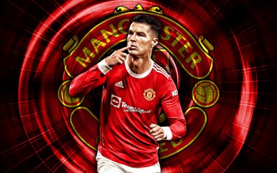 Cristiano Ronaldo, 4k, Manchester United FC, red abstract background, soccer, portugalese footballers, CR7, Cristiano Ronaldo 4K, abstract rays, football, Cristiano Ronaldo Manchester United, football stars, Man United