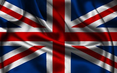 영국 국기, 4k, 유럽 국가, 새틴 플래그, 영국의 국기, 영국의 날, 물결 모양의 새틴 플래그, 영국 국가 상징, 유럽, 영국, 유니온 잭
