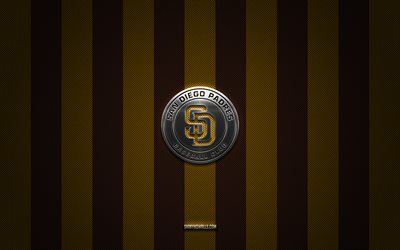 サンディエゴ・パドレスのロゴ, アメリカの野球クラブ, mlb, 黄褐色の炭素の背景, サンディエゴ・パドレスのエンブレム, 野球, サンディエゴ・パドレス, アメリカ合衆国, メジャーリーグ, サンディエゴ・パドレスのシルバーメタルロゴ