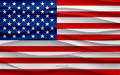 4k, 미국 국기, 3d 파도 석고 배경, 3d 파도 텍스처, 미국 국가 상징, 미국 독립기념일, 3차원, 미국, 깃발