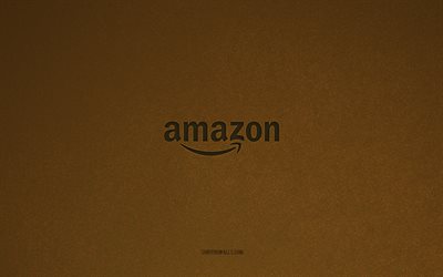 logo d amazon, 4k, logos d ordinateur, emblème d amazon, texture de pierre brune, amazon, marques de technologie, signe d amazon, fond de pierre brune