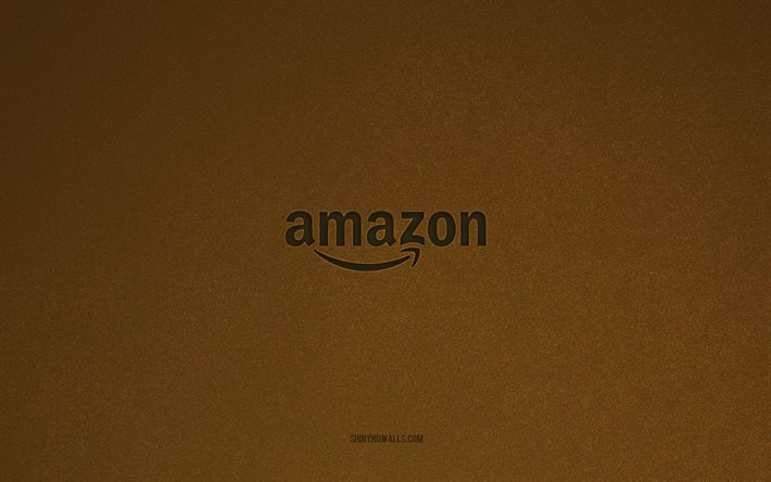 アマゾンのロゴ, 4k, コンピュータのロゴ, アマゾンのエンブレム, 茶色の石のテクスチャ, アマゾン, テクノロジーブランド, アマゾンのサイン, 茶色の石の背景